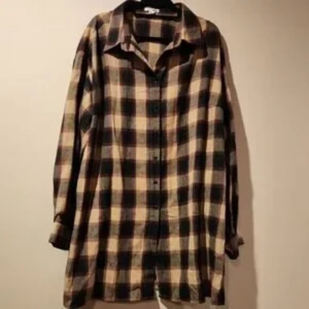 FASHION NOVA shacket tan black and red tartan plaid flannel button down shirt